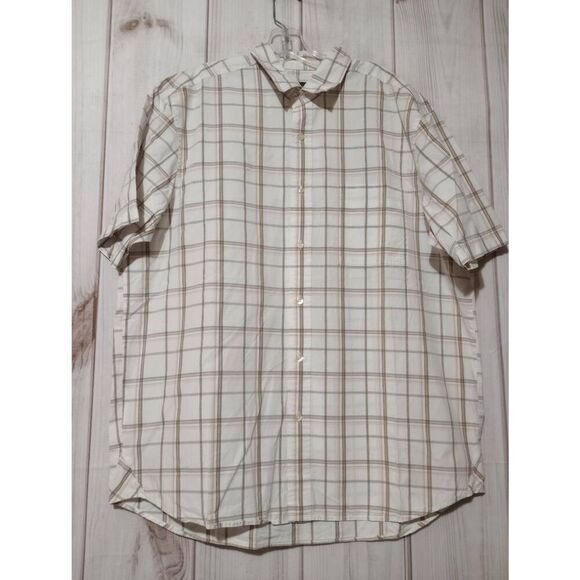Eddie Bauer Shirt Men's Large White‎ Tan Button Front Short Sleeve - Picture 1 of 7